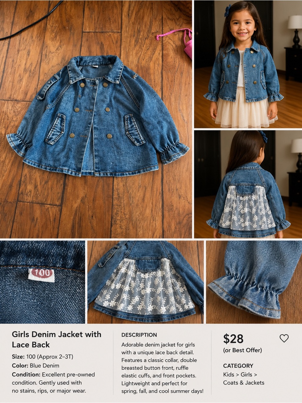 Girls Denim Trench Jacket with Floral Lace Back Size 100 3-4T